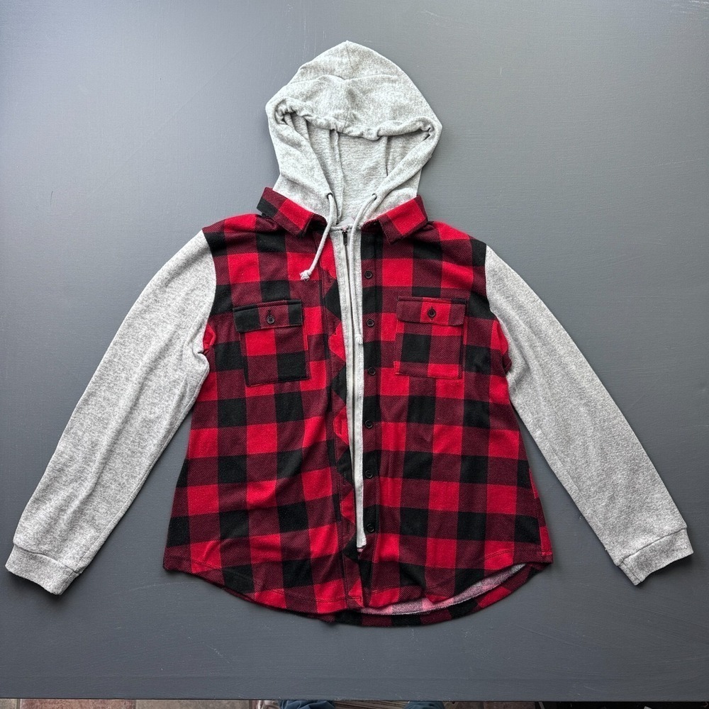 No Boundaries Girls XL 15/17 Red Black Plaid Hooded Zip Up Jacket Sherpa Lined
